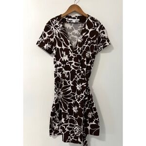 Diane Von Furstenberg DVF Floral Print Wrap Dress Brown White